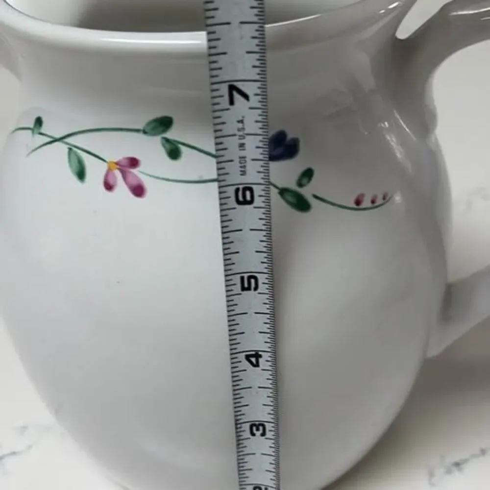 Vintage 7.5” White Ceramic Floral Water Pitcher | Cottage Style Serving Pitcher